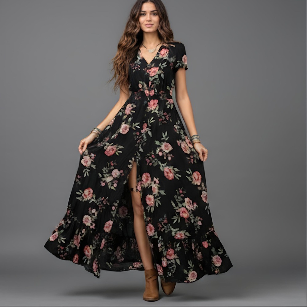 Black Boho Rose Floral Print Button Front Split Thigh Dress - Picture 1 of 14